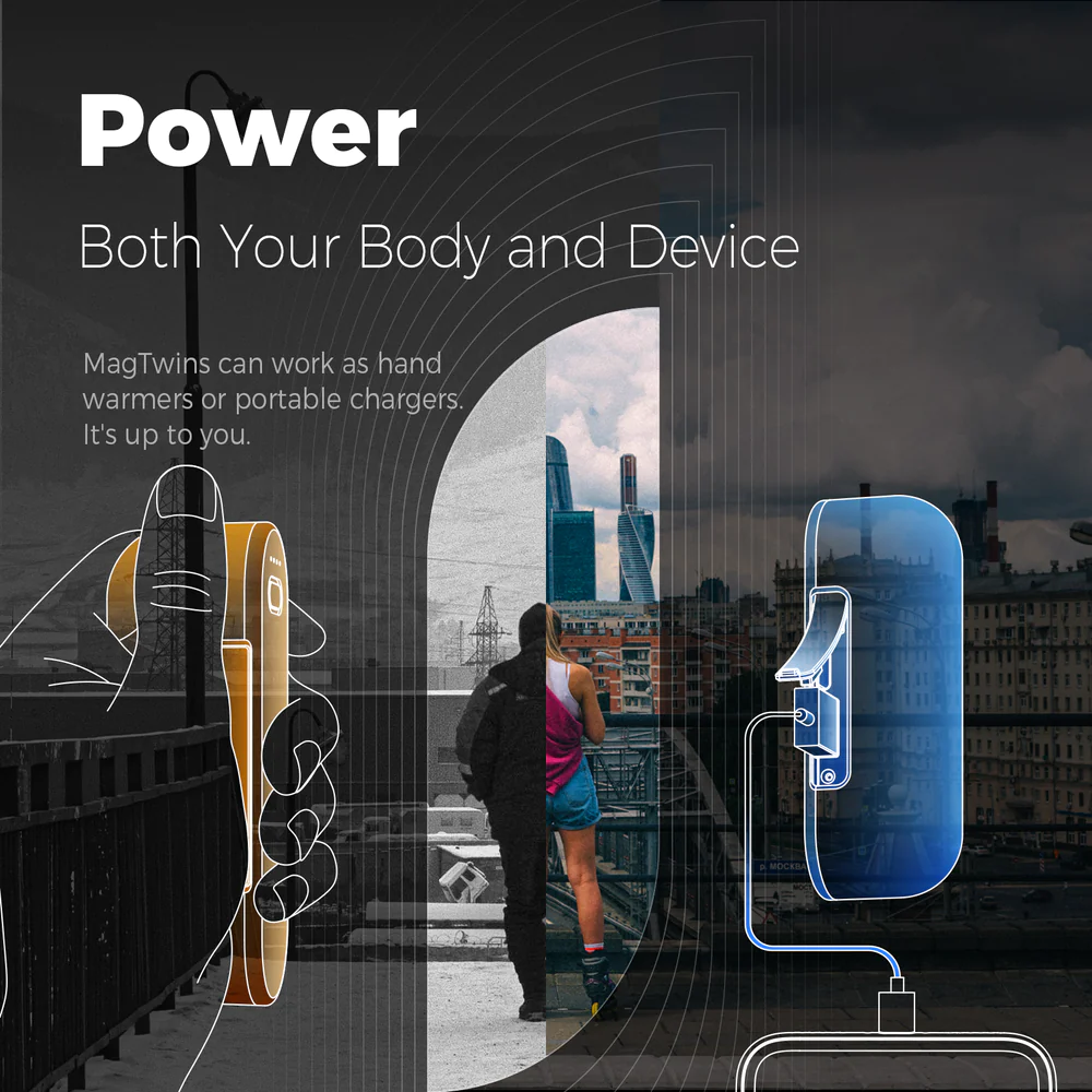 Dłoń trzyma ładowarkę. Para stoi w miejskim krajobrazie. Ładowarka łączy się z urządzeniem.