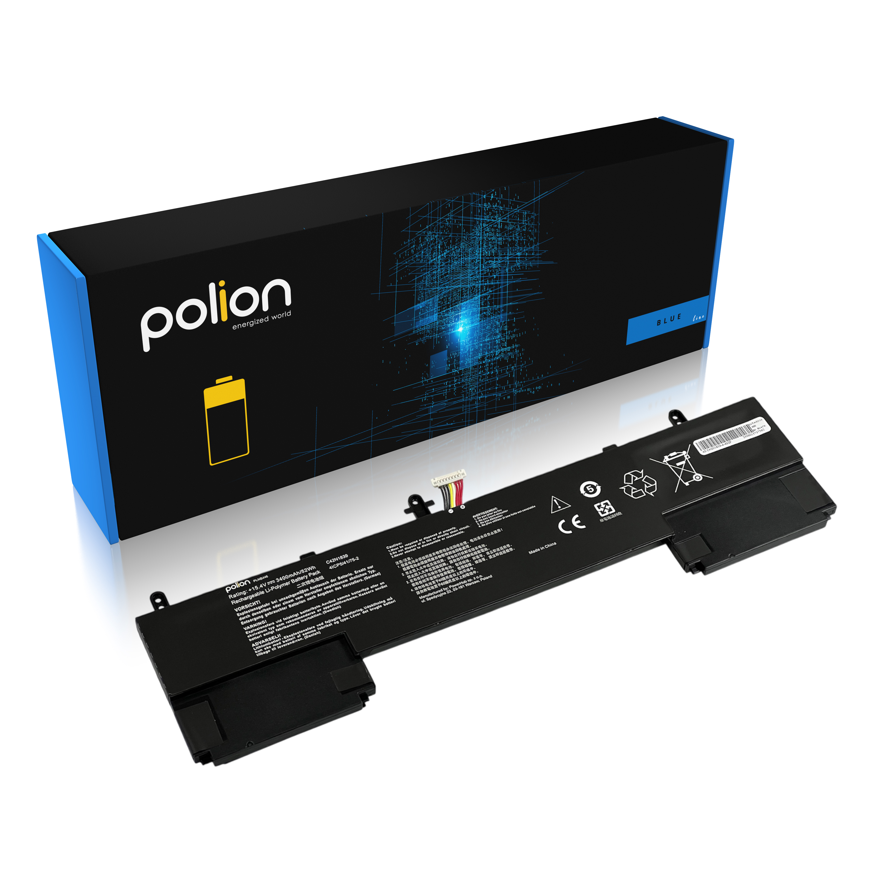 Czarna bateria do laptopa z logo POLION i niebieskim pudełkiem z cyfrowymi liniami.