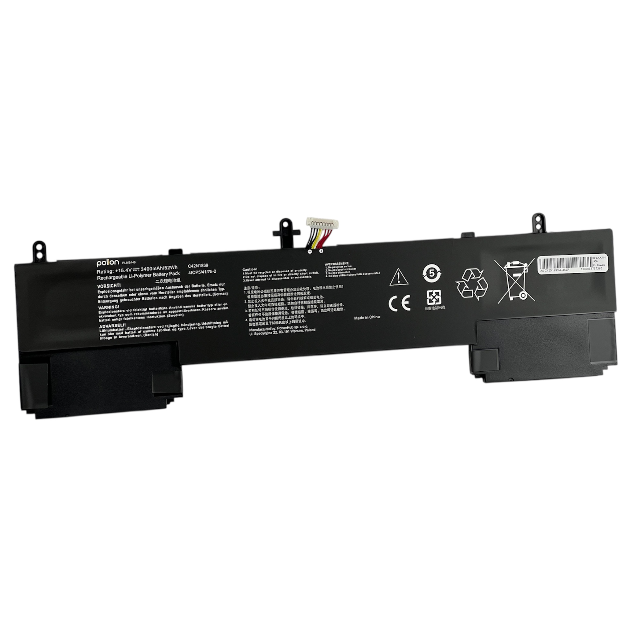 Czarna bateria do laptopa z ostrzeżeniami i certyfikatami.