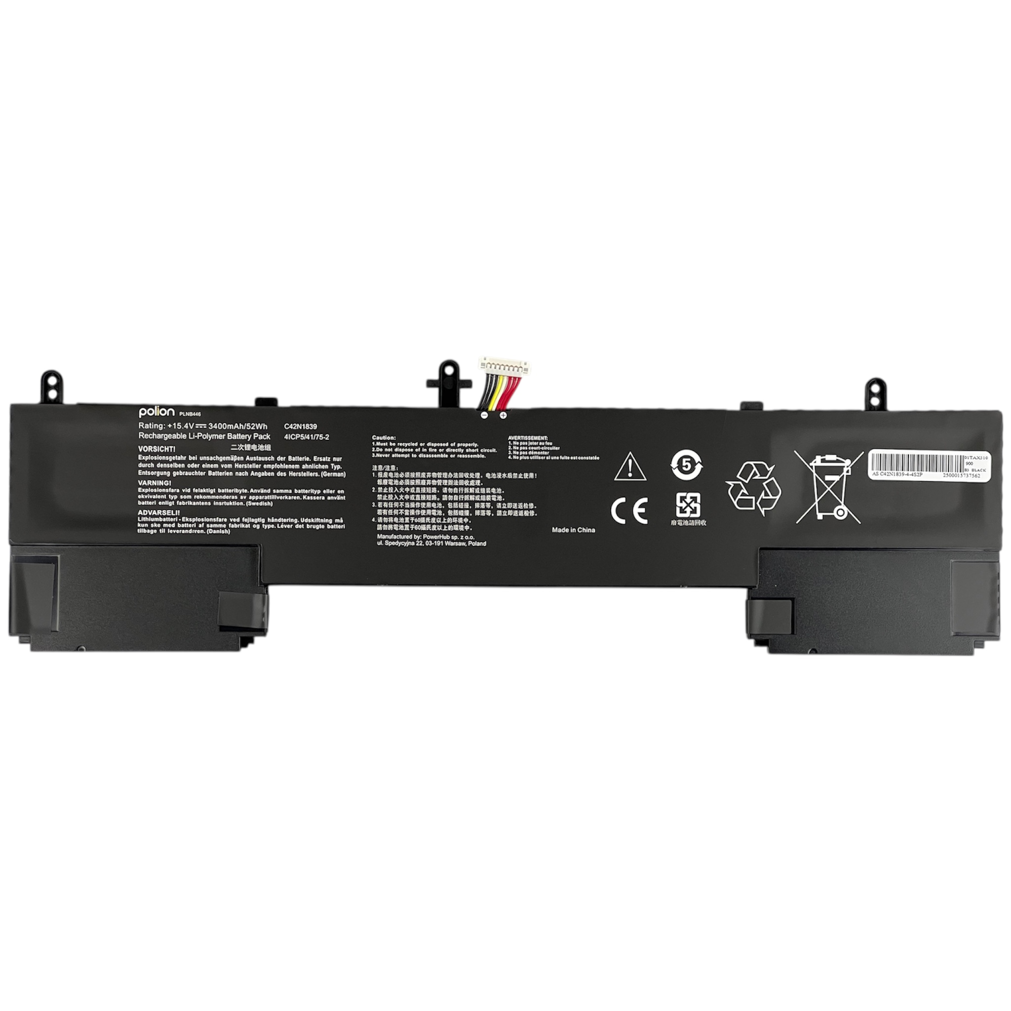 Czarny akumulator Li-Polimer z danymi technicznymi i ostrzeżeniami.