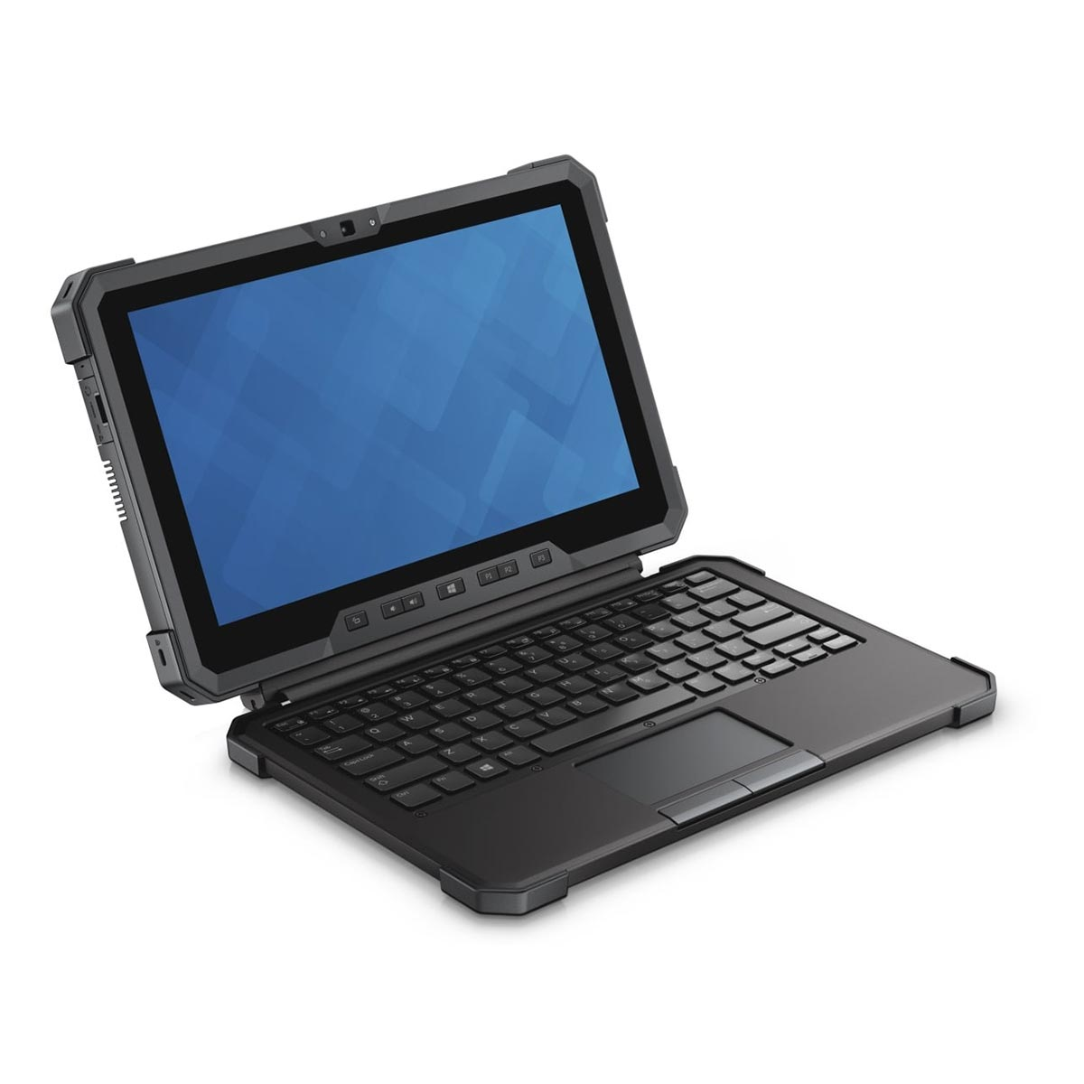 Wytrzymały, czarny tablet-laptop Dell z niebieskim ekranem jest otwarty.