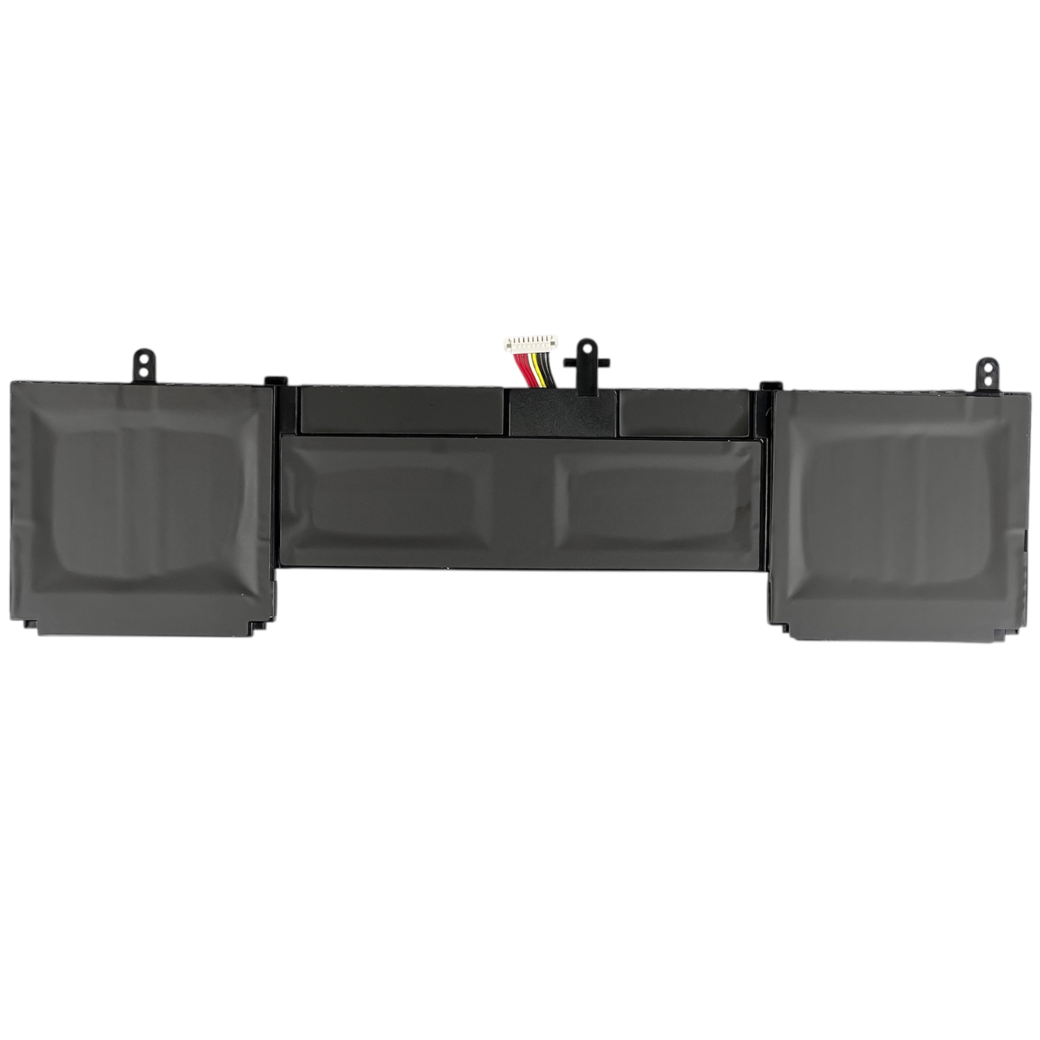 Szary akumulator laptopa z dwoma skrzydłami i złączem kablowym.