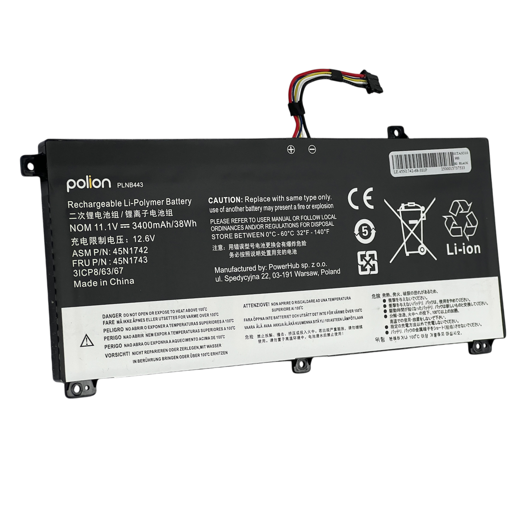 Czarna bateria Li-Polimer Polion, model PLNB443, 3400mAh, 11.1V.