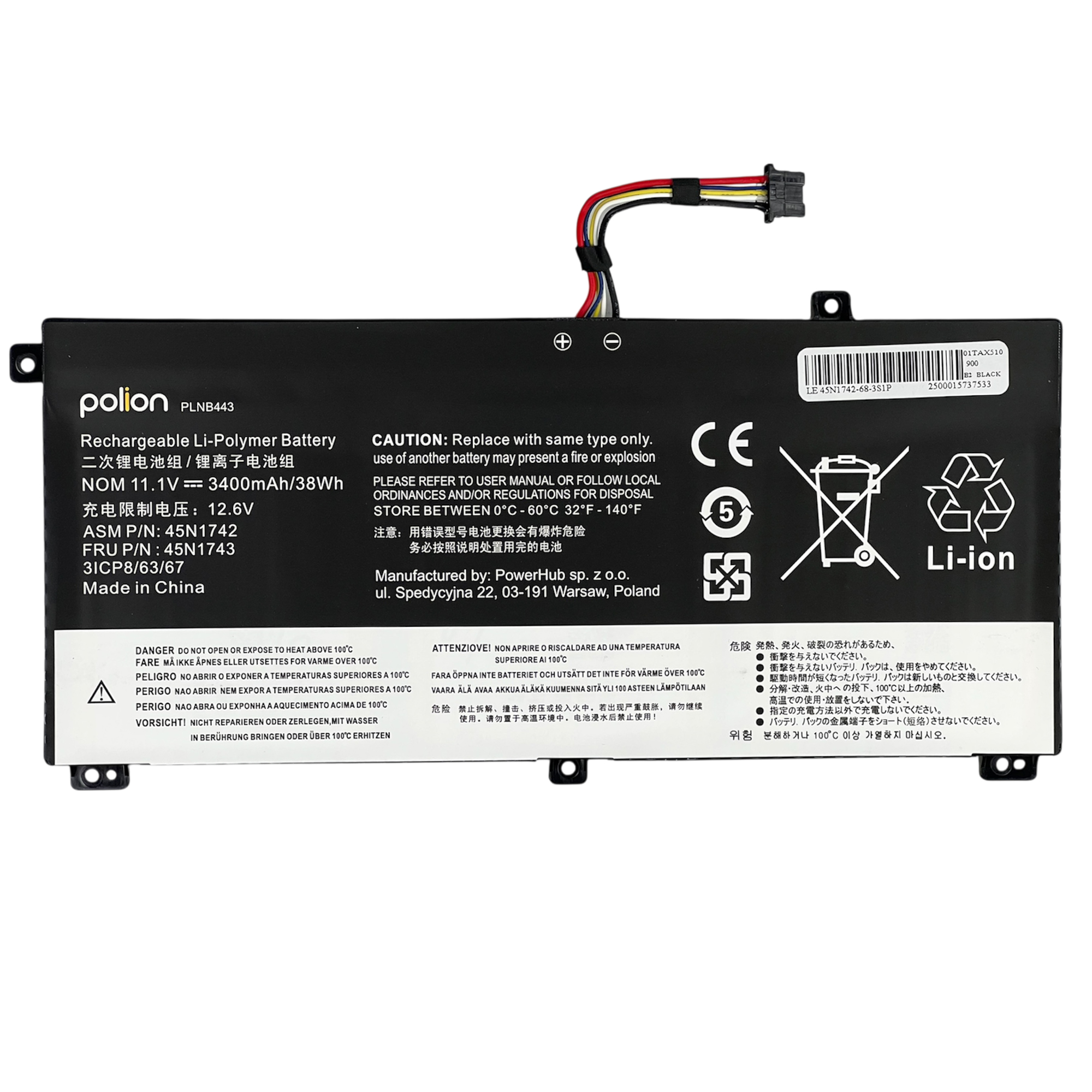 Czarny akumulator Li-Ion z kablami i symbolami ostrzegawczymi, 11.1V, 3400mAh.