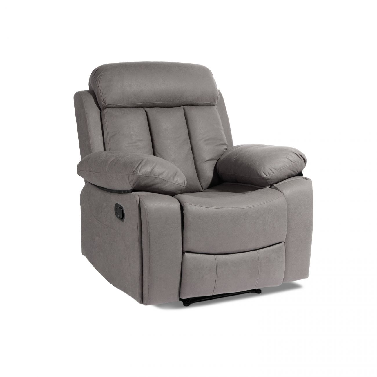 Un sillón reclinable tapizado gris con brazos y reposacabezas.