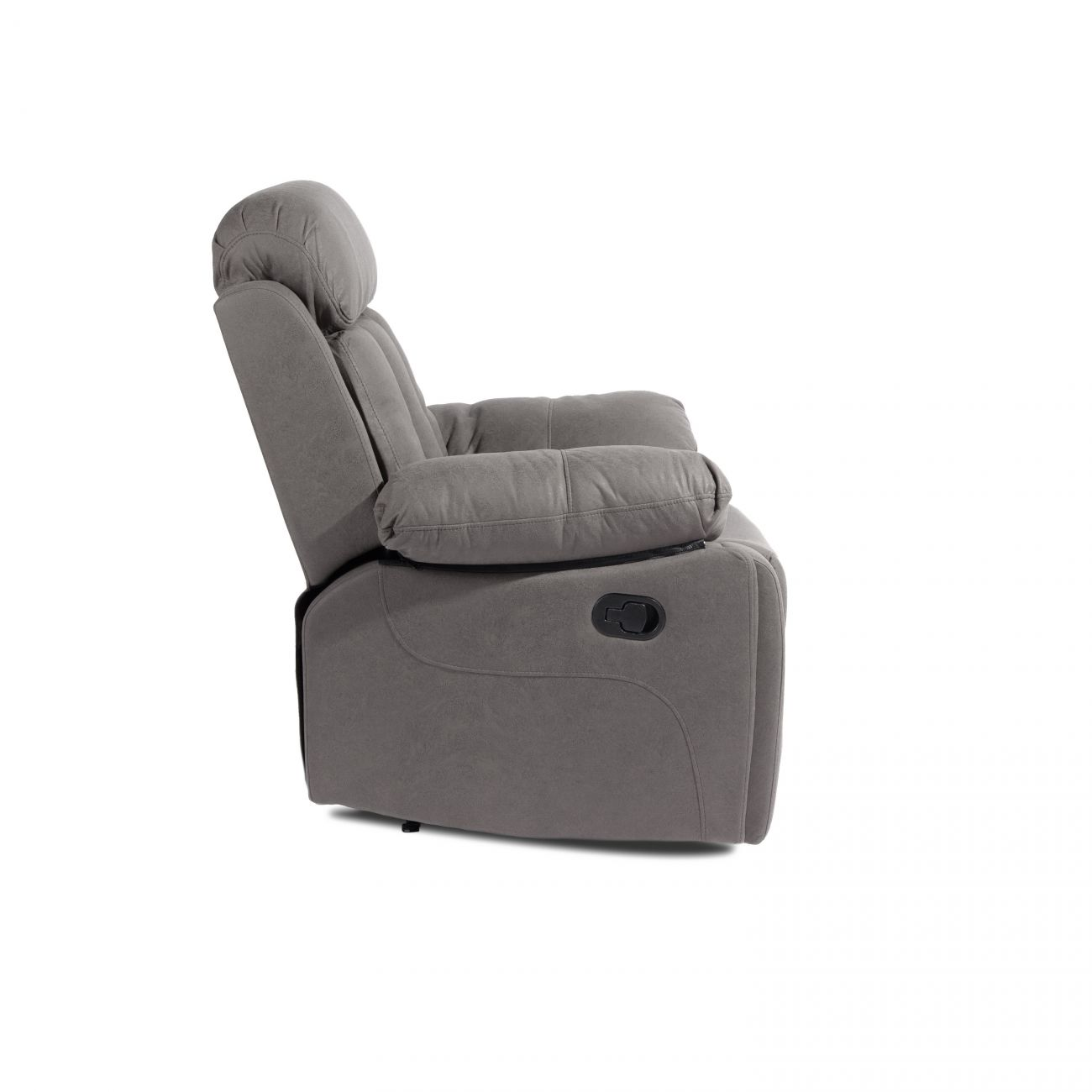 Sillón reclinable gris con respaldo y reposacabezas ajustables, vista lateral.