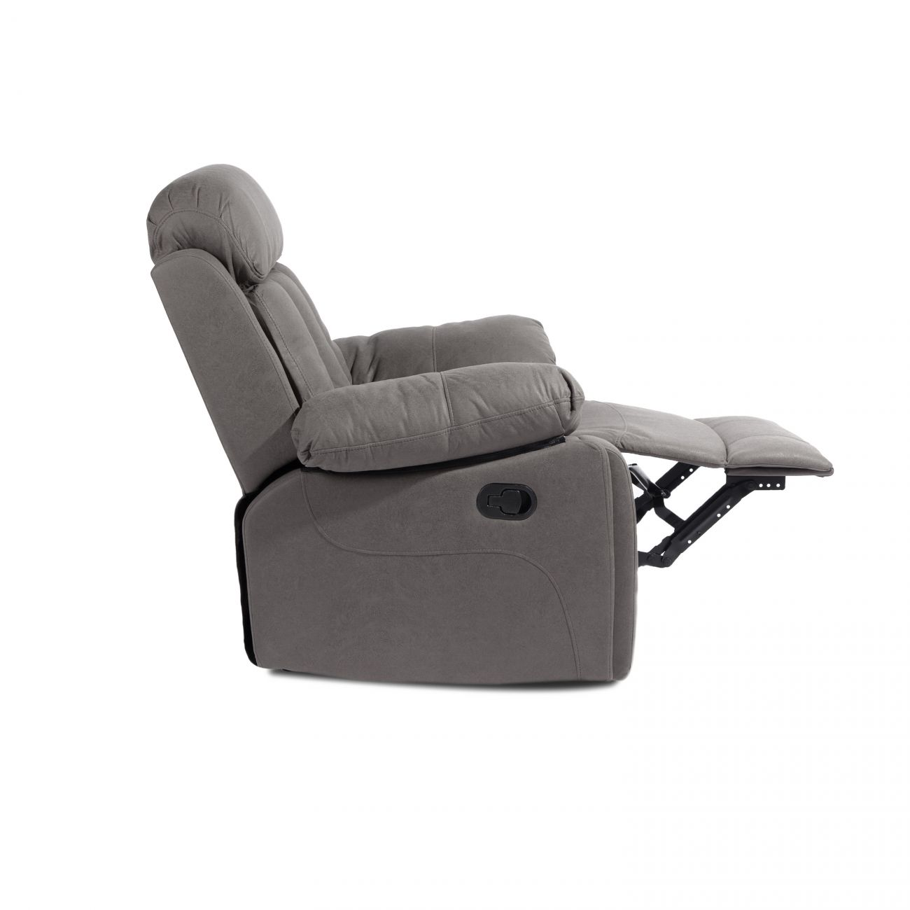 Un sillón reclinable gris con el reposapiés extendido, visto de lado.