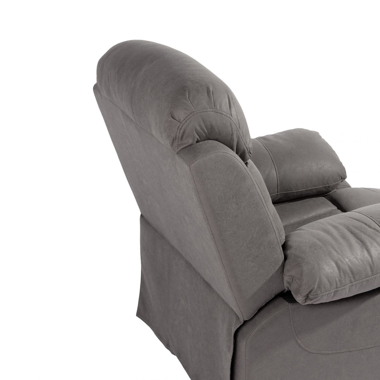 Un sillón reclinable de tela gris con reposabrazos y reposacabezas acolchados.