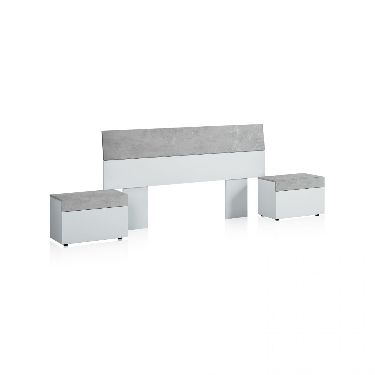 Un marco de cama blanco con cabecero gris y dos mesitas de noche.