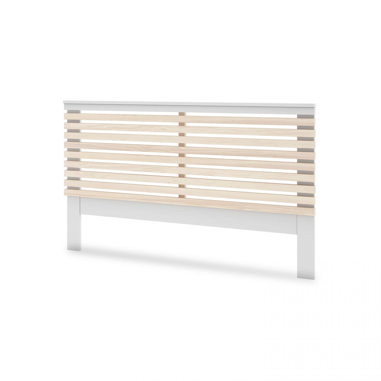 Un cabecero blanco con listones horizontales de madera y marco blanco.