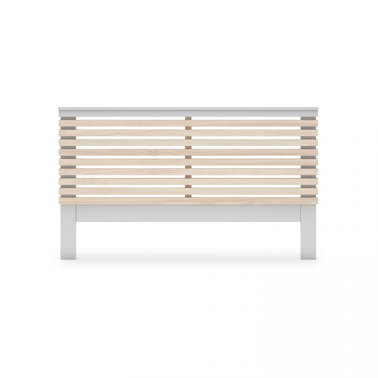 Un marco de cama blanco con cabecero de listones de madera clara.