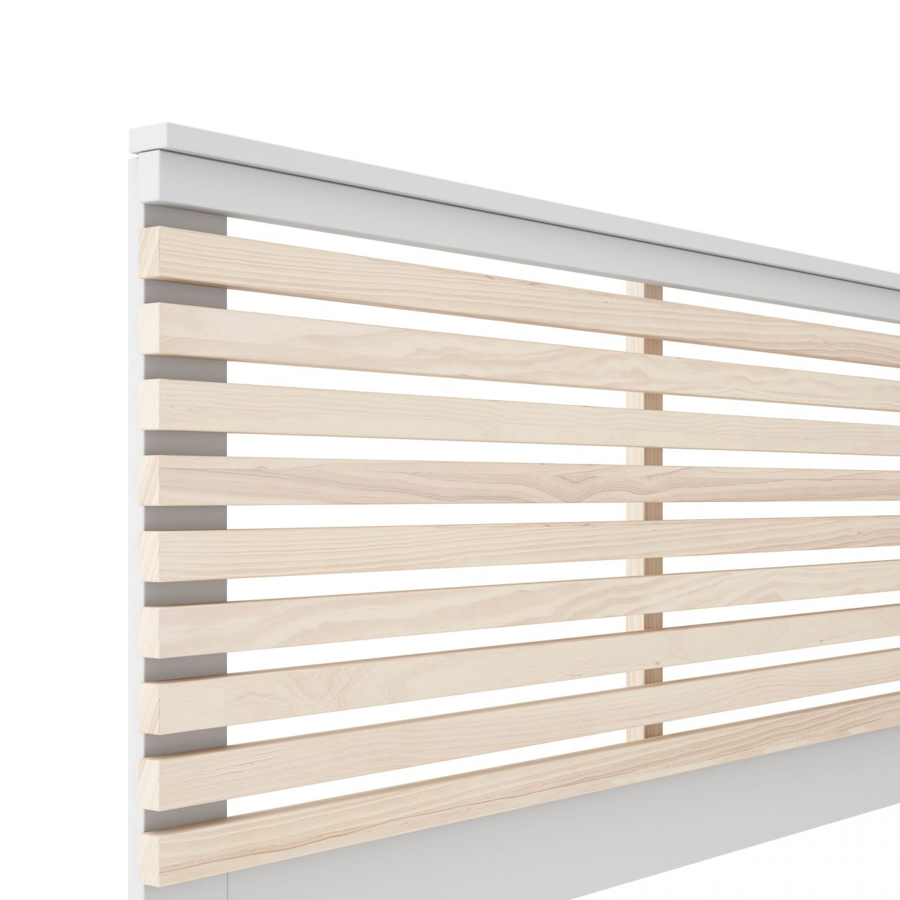 Primer plano de un cabecero blanco con listones de madera.