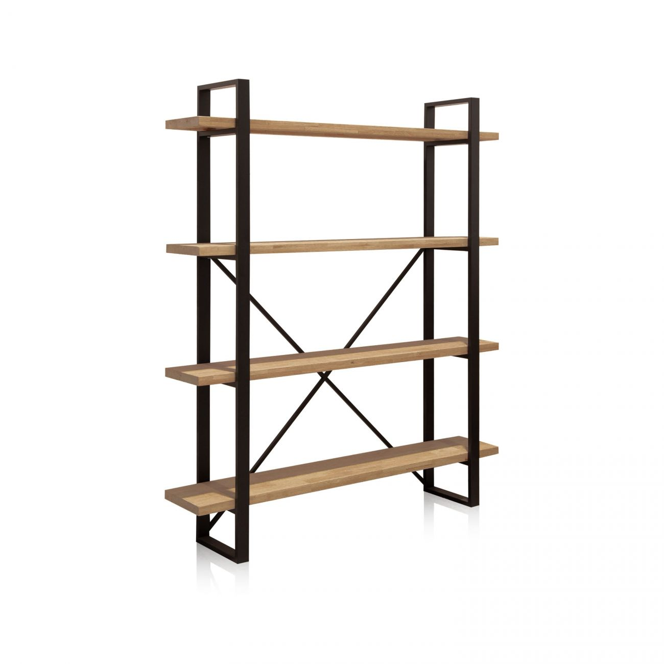 Estantería abierta de cuatro baldas de madera y estructura metálica negra.