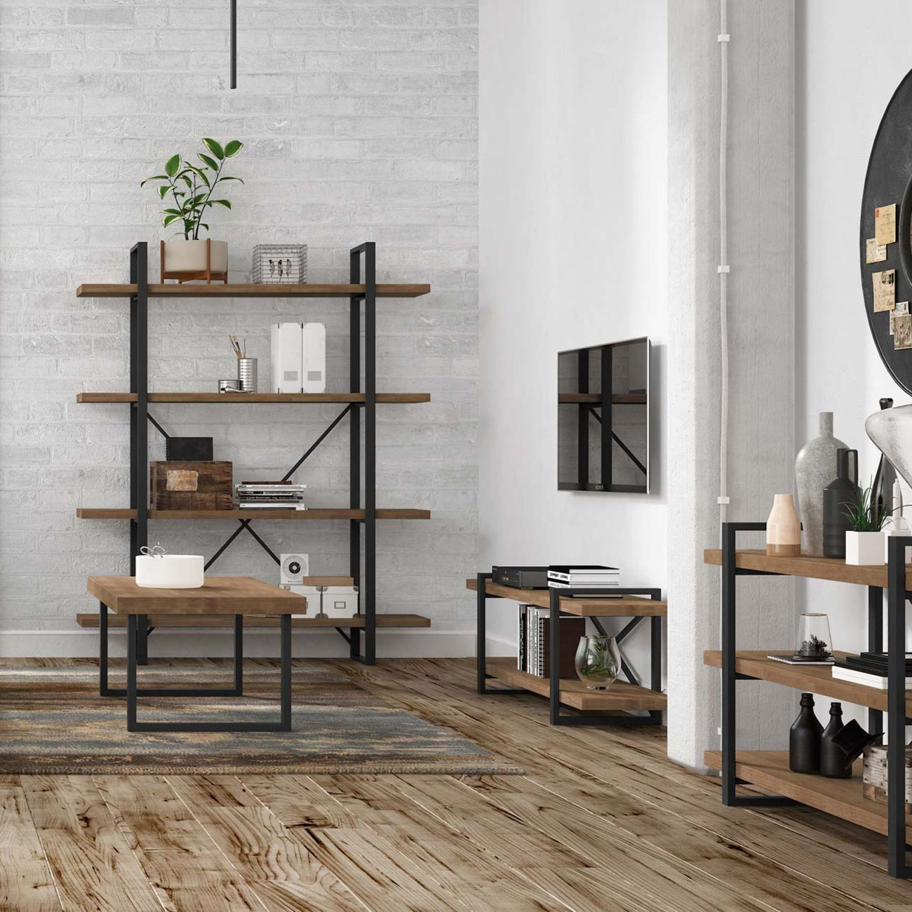 Una sala de estar con muebles de madera, libros, plantas y un televisor en la pared.