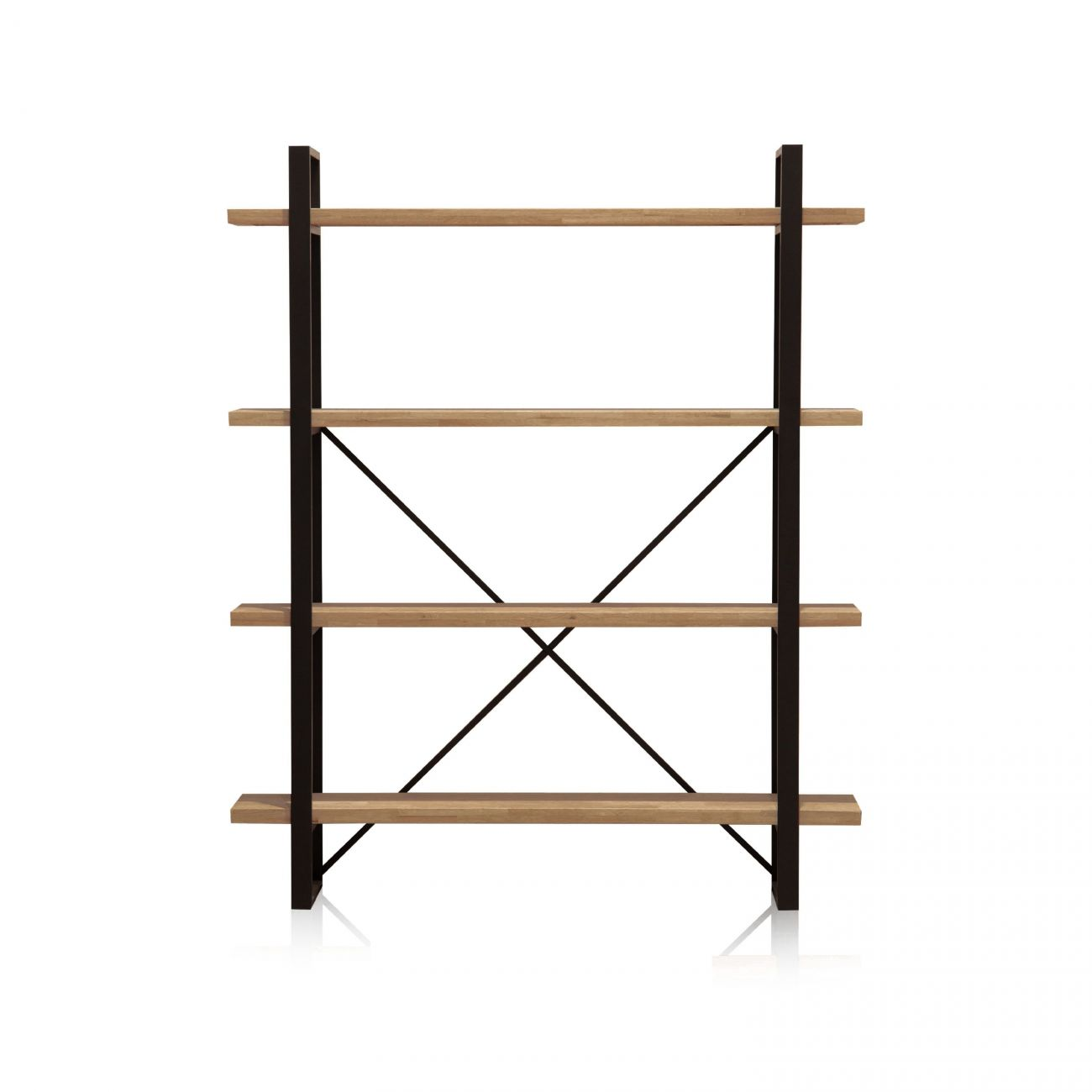 Una estantería abierta con cuatro baldas de madera y marco de metal negro.
