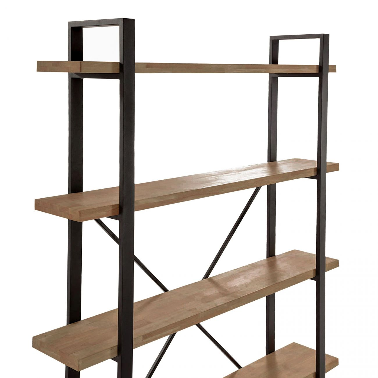 Estantería con cuatro baldas de madera y marco de metal negro, sobre fondo blanco.