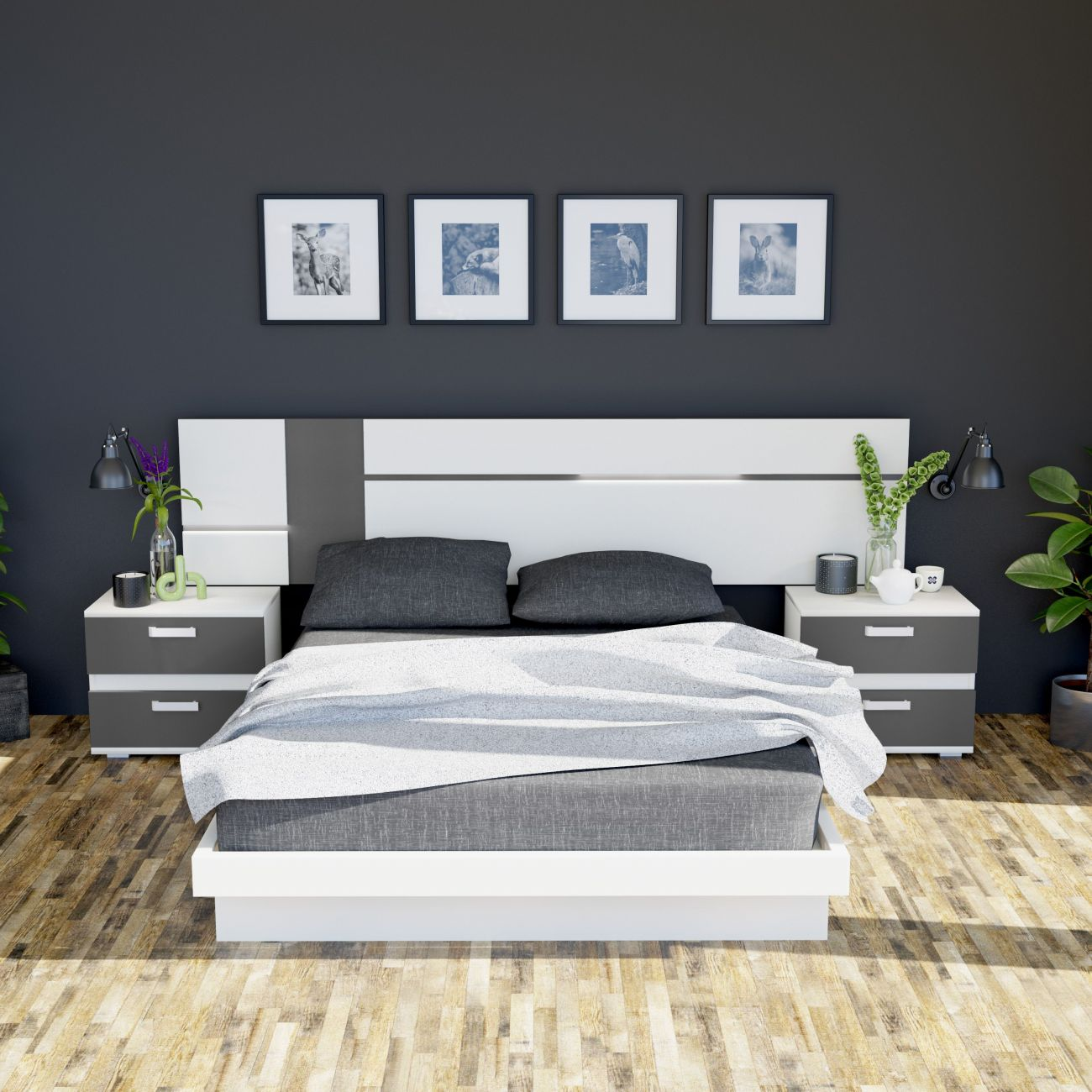Un dormitorio moderno con cama blanca y gris, mesitas de noche y cuadros enmarcados en la pared.