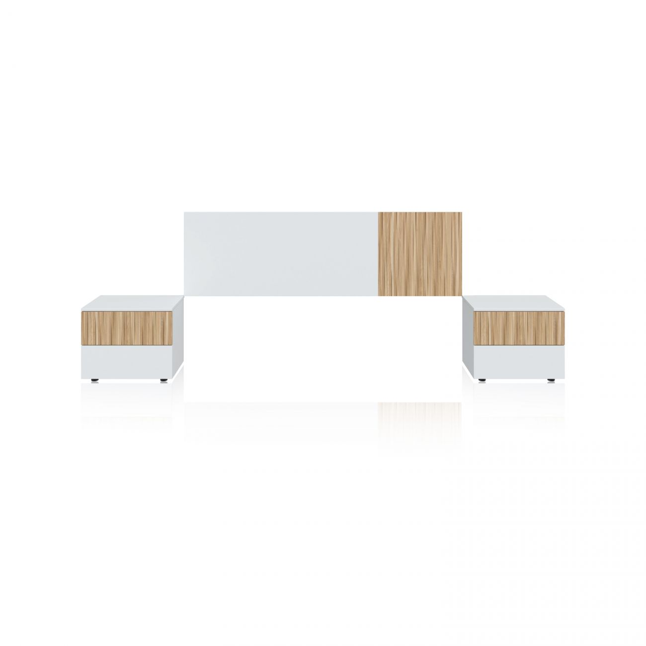 Cabecero blanco con detalles de madera y dos mesitas.