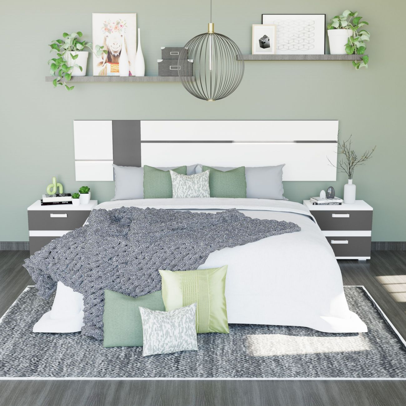 Un dormitorio moderno con cama, cojines y manta en blanco y gris.