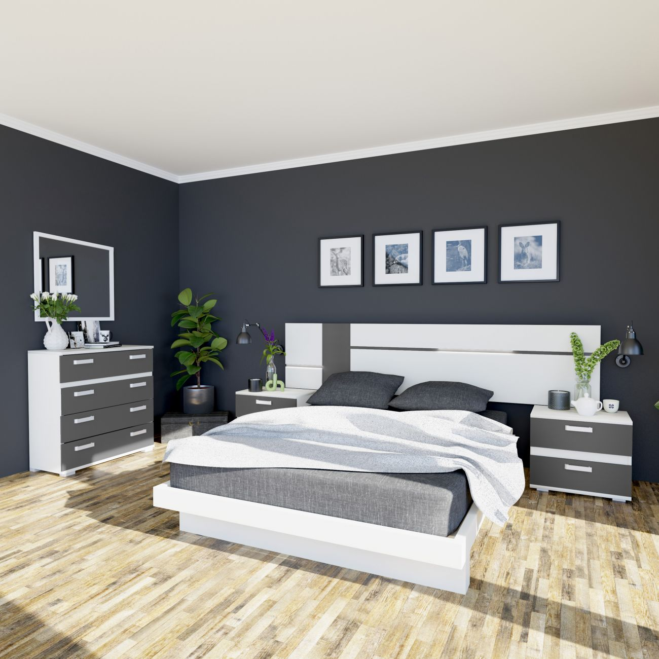 Dormitorio moderno con paredes oscuras, cama blanca, cómoda y suelo de madera.