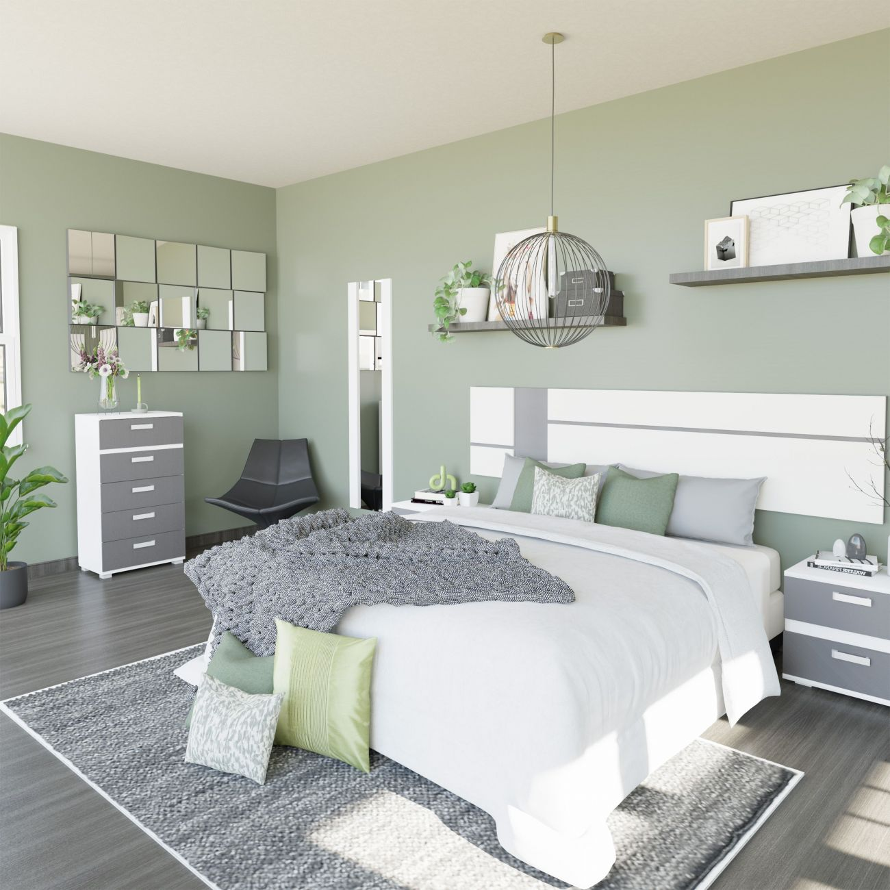 Dormitorio moderno con cama grande, manta gris, cojines verdes.