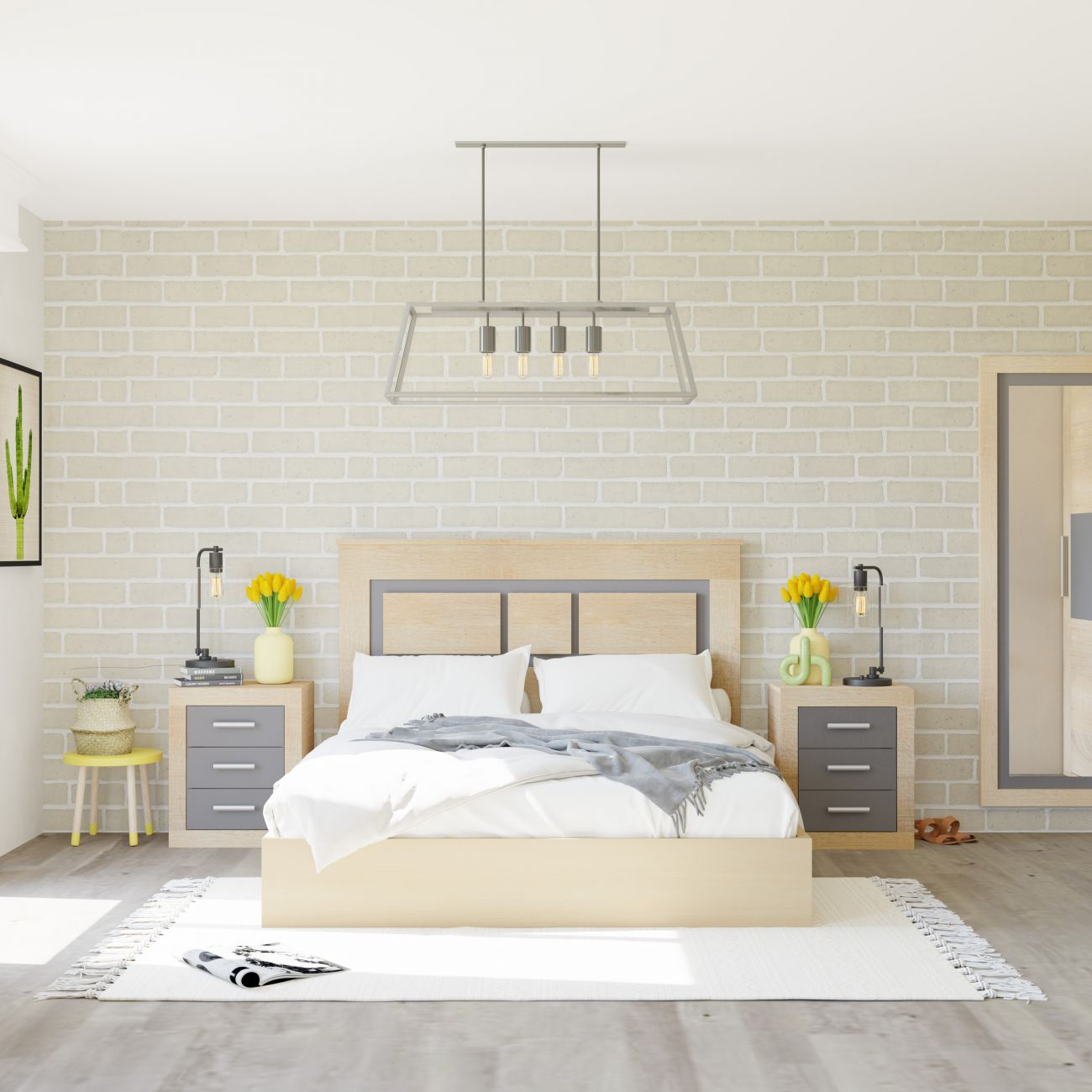 Un dormitorio luminoso con cama, mesitas de noche, lámparas y tulipanes.