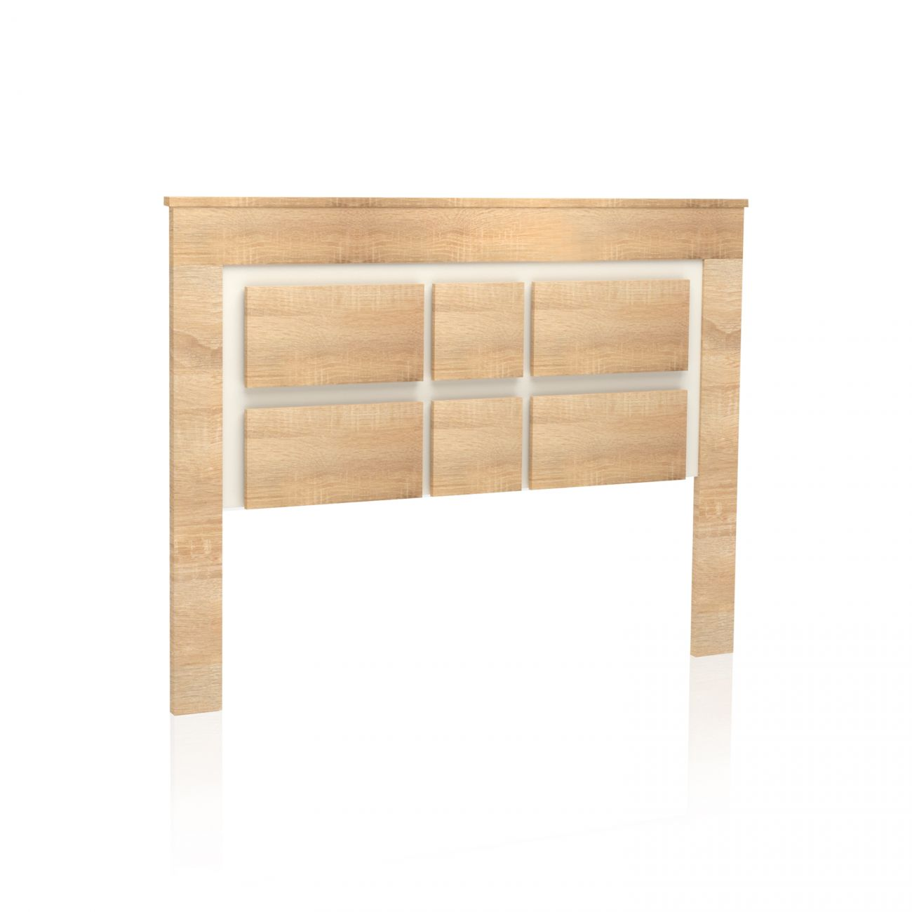 Un cabecero de madera clara con seis paneles cuadrados.