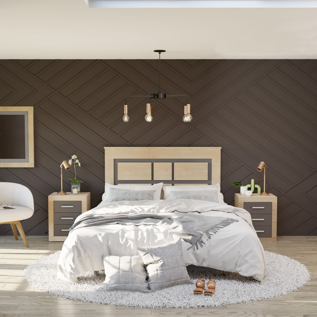 Un dormitorio moderno con cama blanca, mesitas de noche, sillón y revestimiento de pared oscuro.