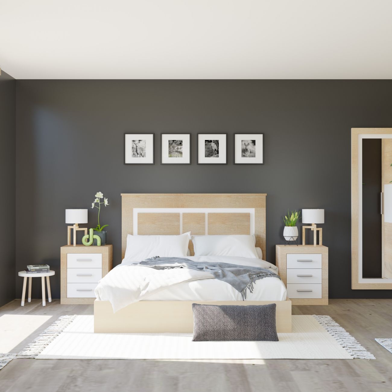 Un dormitorio con cama doble, mesitas de noche, lámparas y cuadros en la pared.