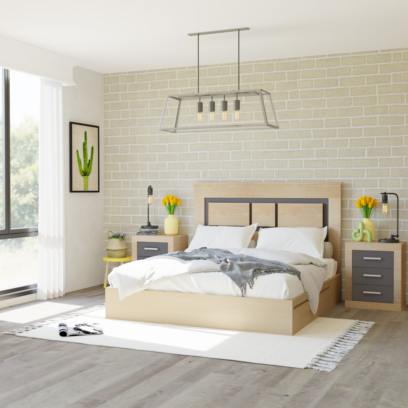 Dormitorio moderno con cama doble, mesitas de noche, arte de cactus y ventana.