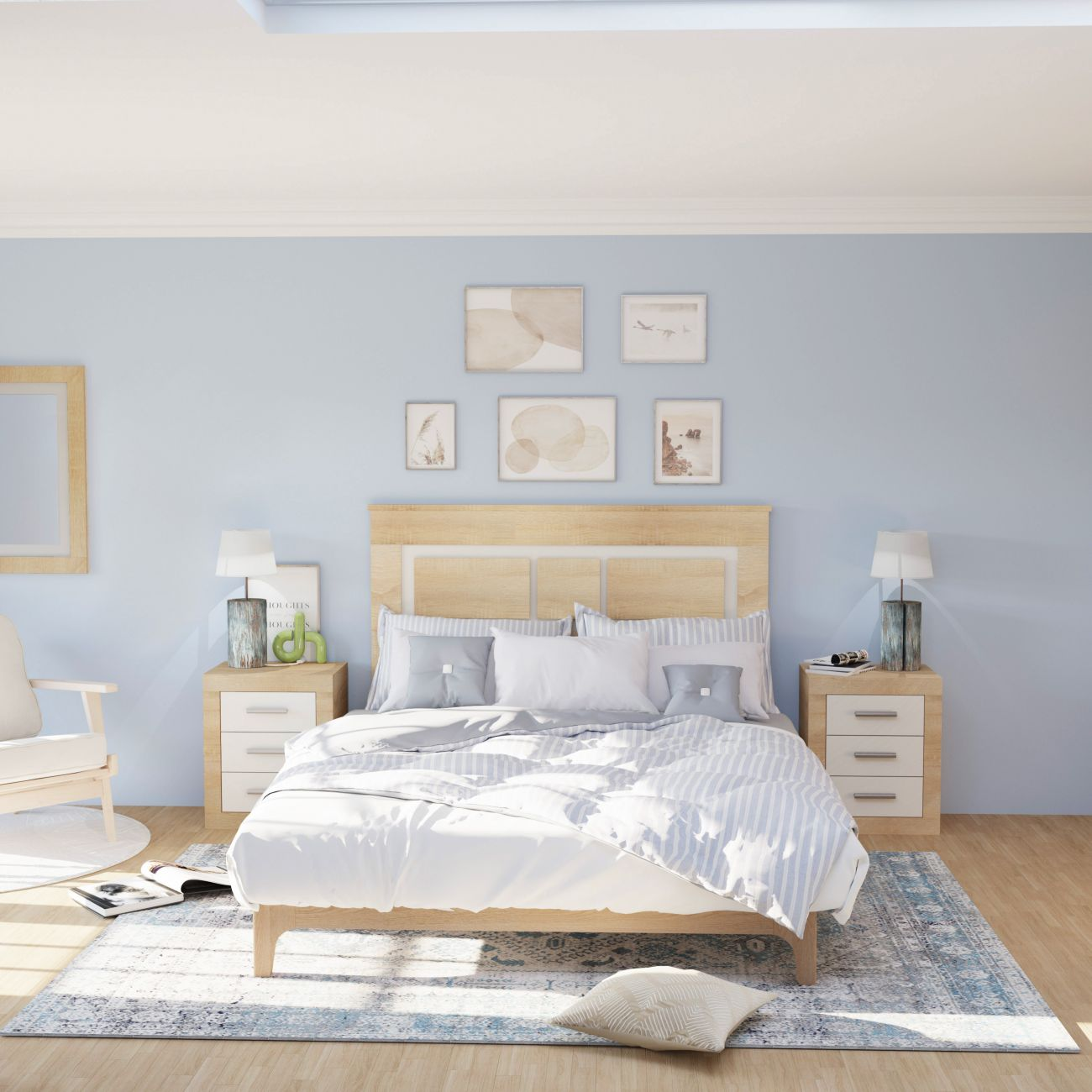 Un dormitorio luminoso con cama de madera, mesitas, lámpara, sillón y alfombra.