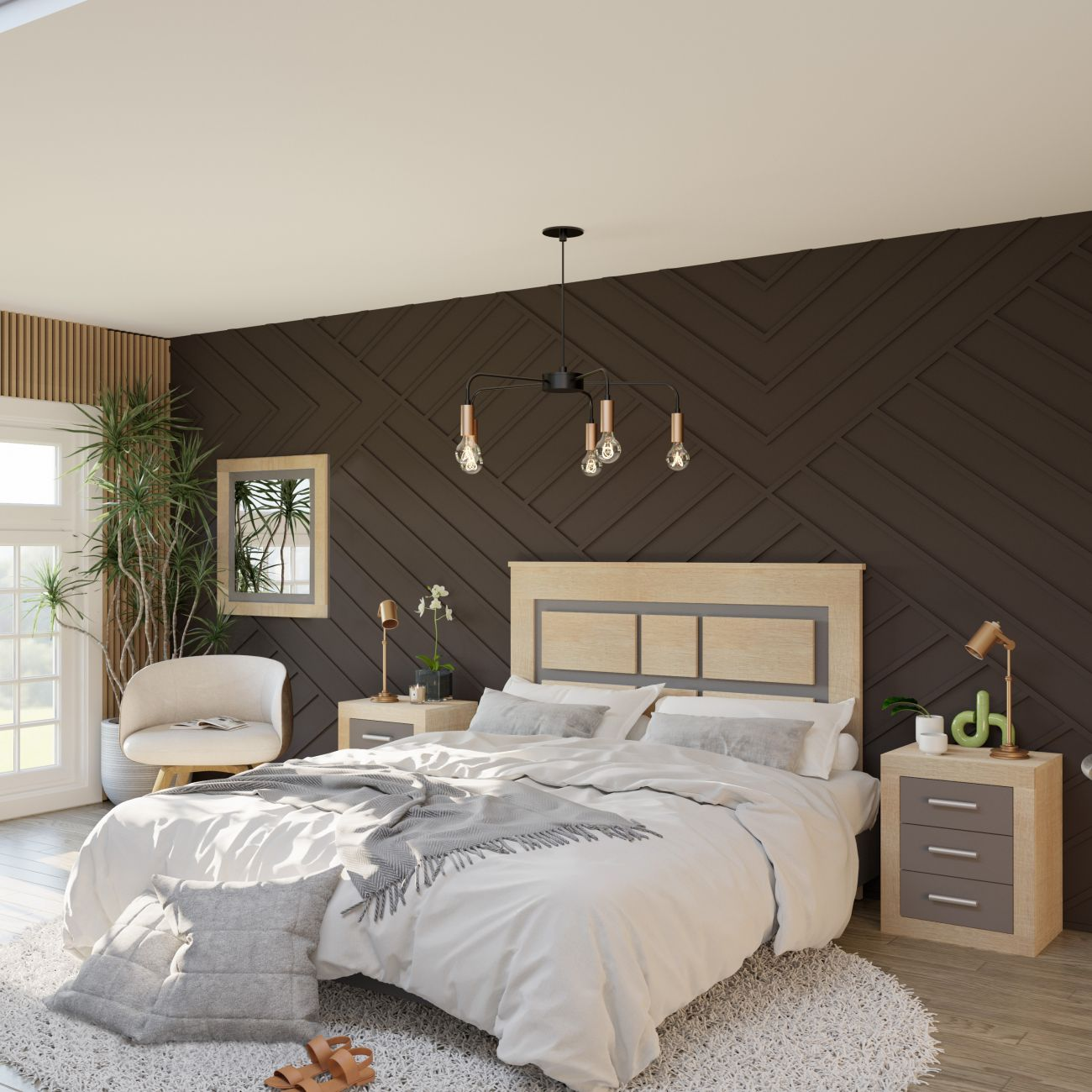 Un dormitorio con cama blanca, pared oscura y plantas. Luz natural.