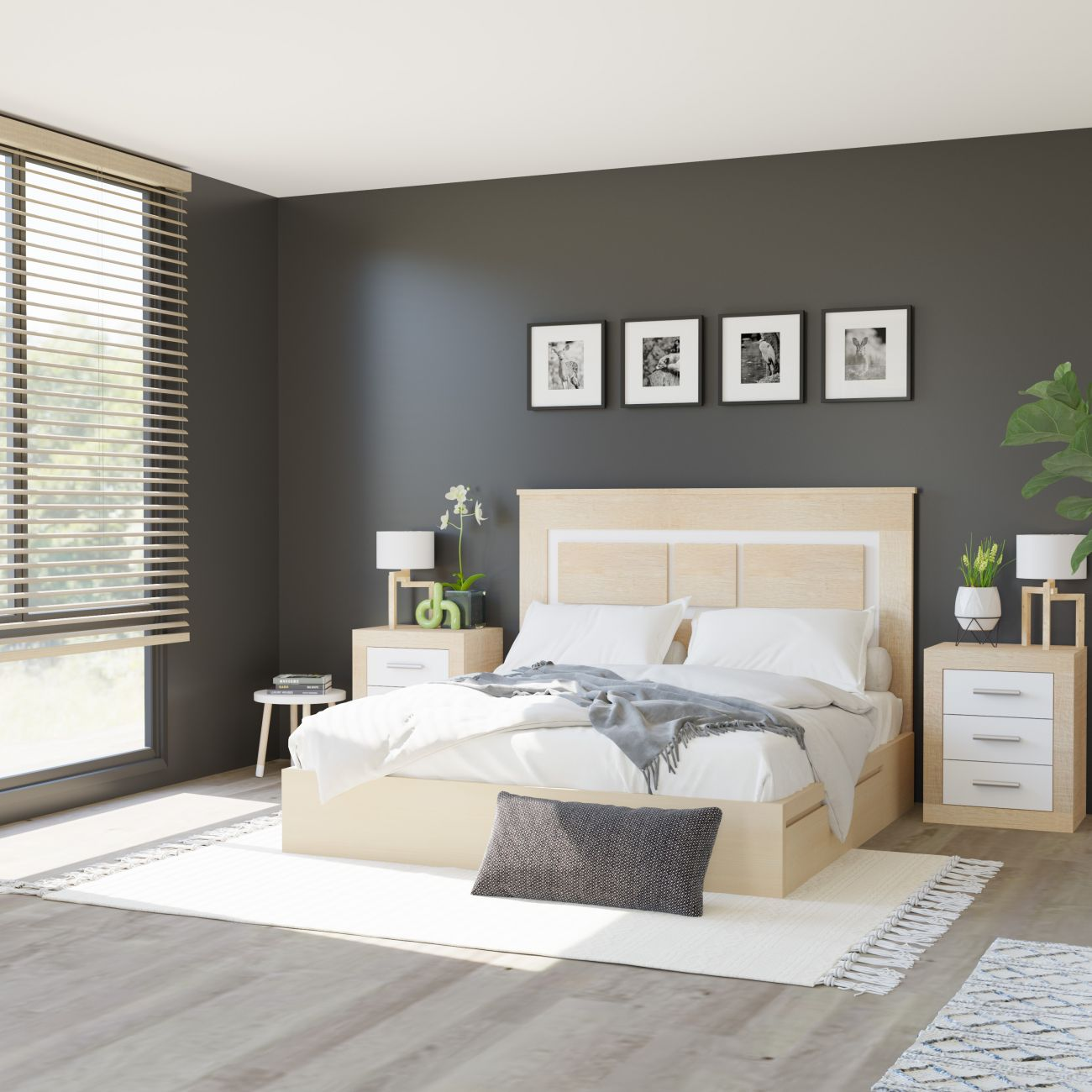Un dormitorio luminoso con cama doble, mesitas de noche y ventanas.