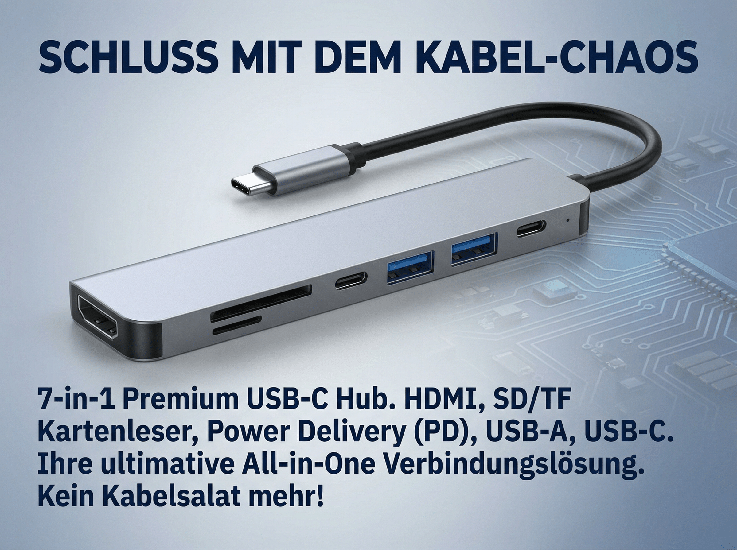 Silberner USB-C Hub mit HDMI, SD/TF-Kartenleser, USB-A/C-Ports.