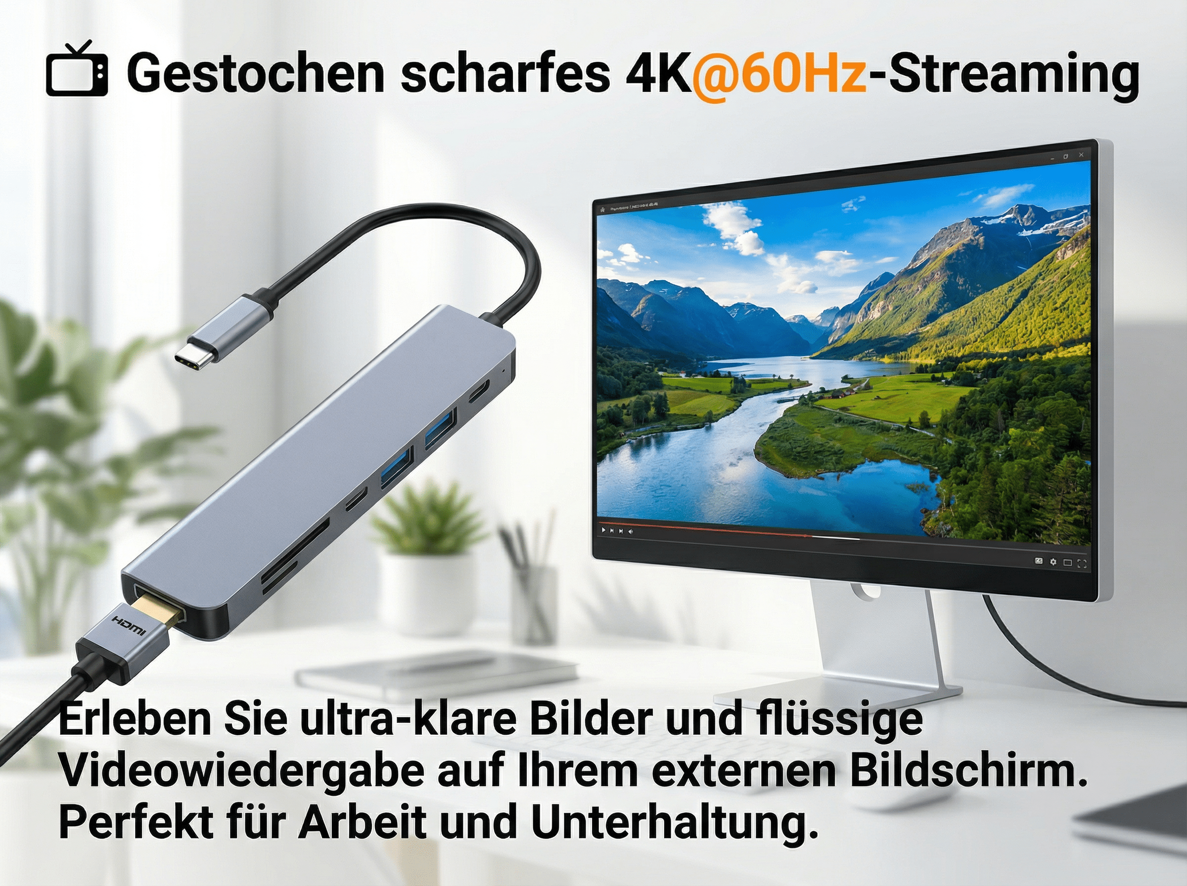 Ein USB-C-Hub mit HDMI-Anschluss und einem Monitor, der eine Landschaft zeigt.