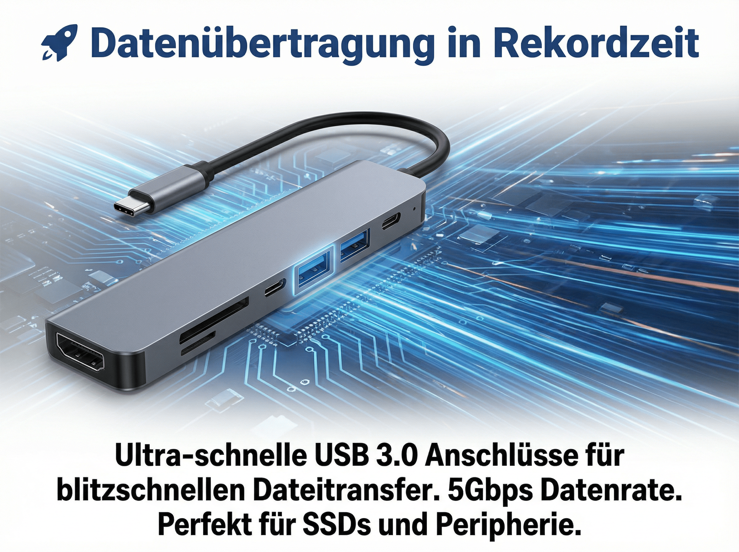 Grauer USB-C-Hub mit verschiedenen Anschlüssen vor blauem Hintergrund.