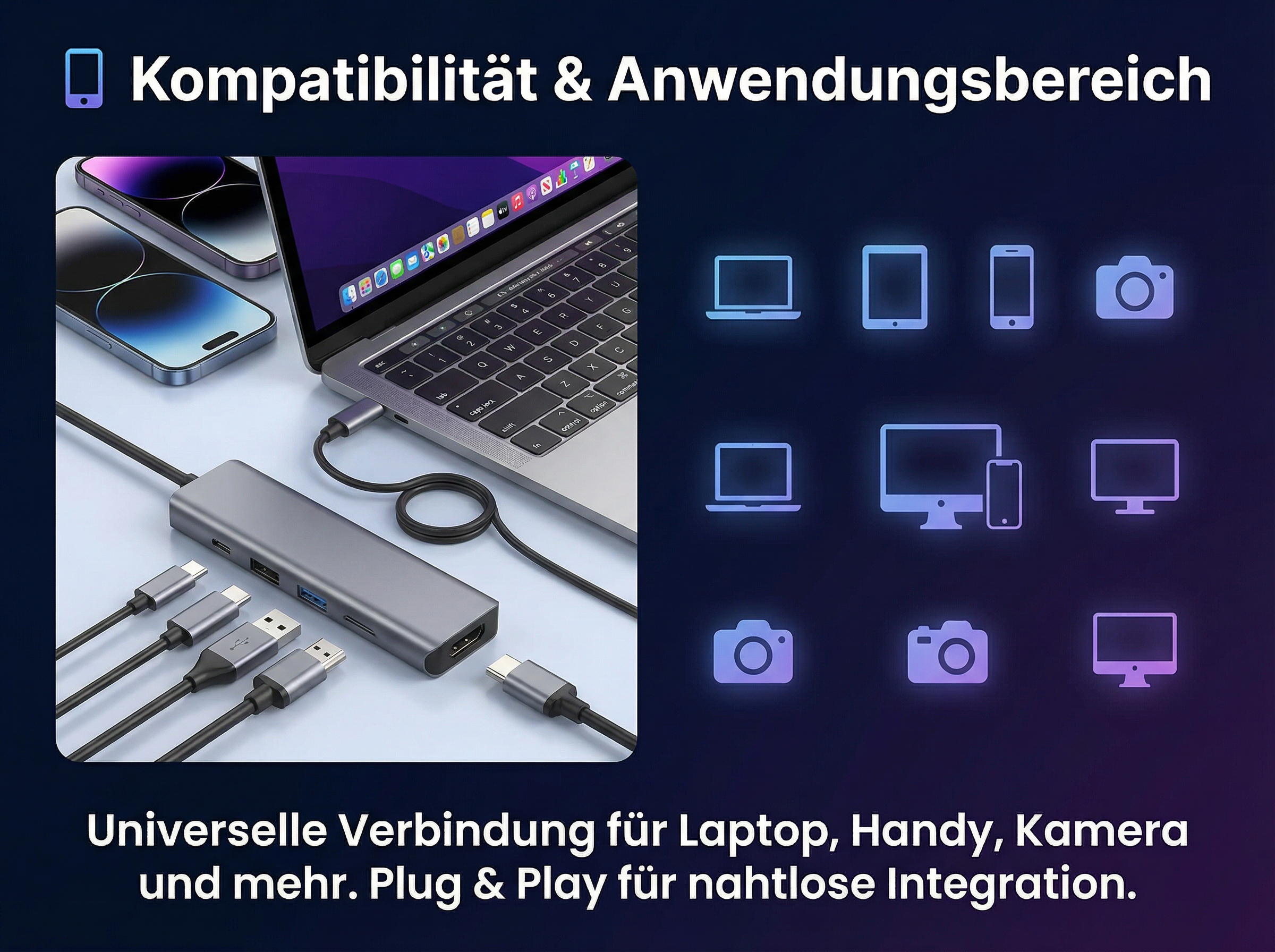 Laptop-Hub mit Kabeln, verbunden mit einem Laptop und Handys. Icons zeigen Geräte.