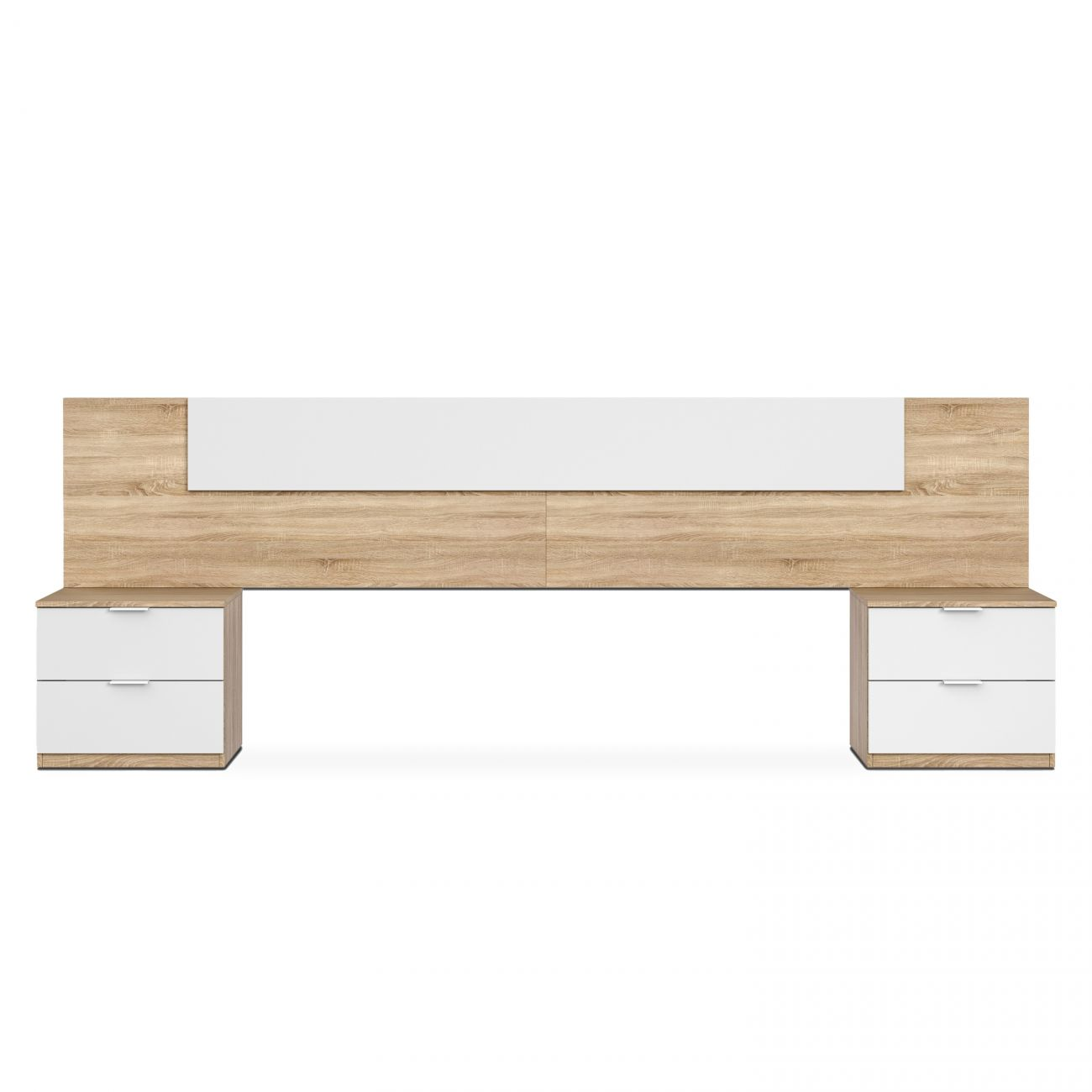 Cabecero de madera con panel blanco y dos mesitas de noche.