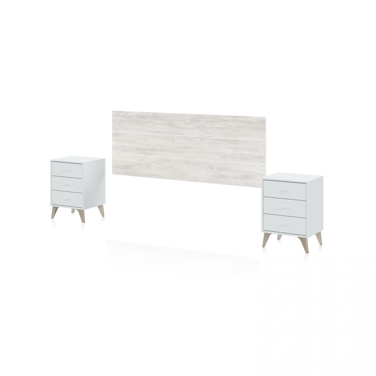 Dos mesitas de noche blancas flanquean un cabecero de aspecto madera.