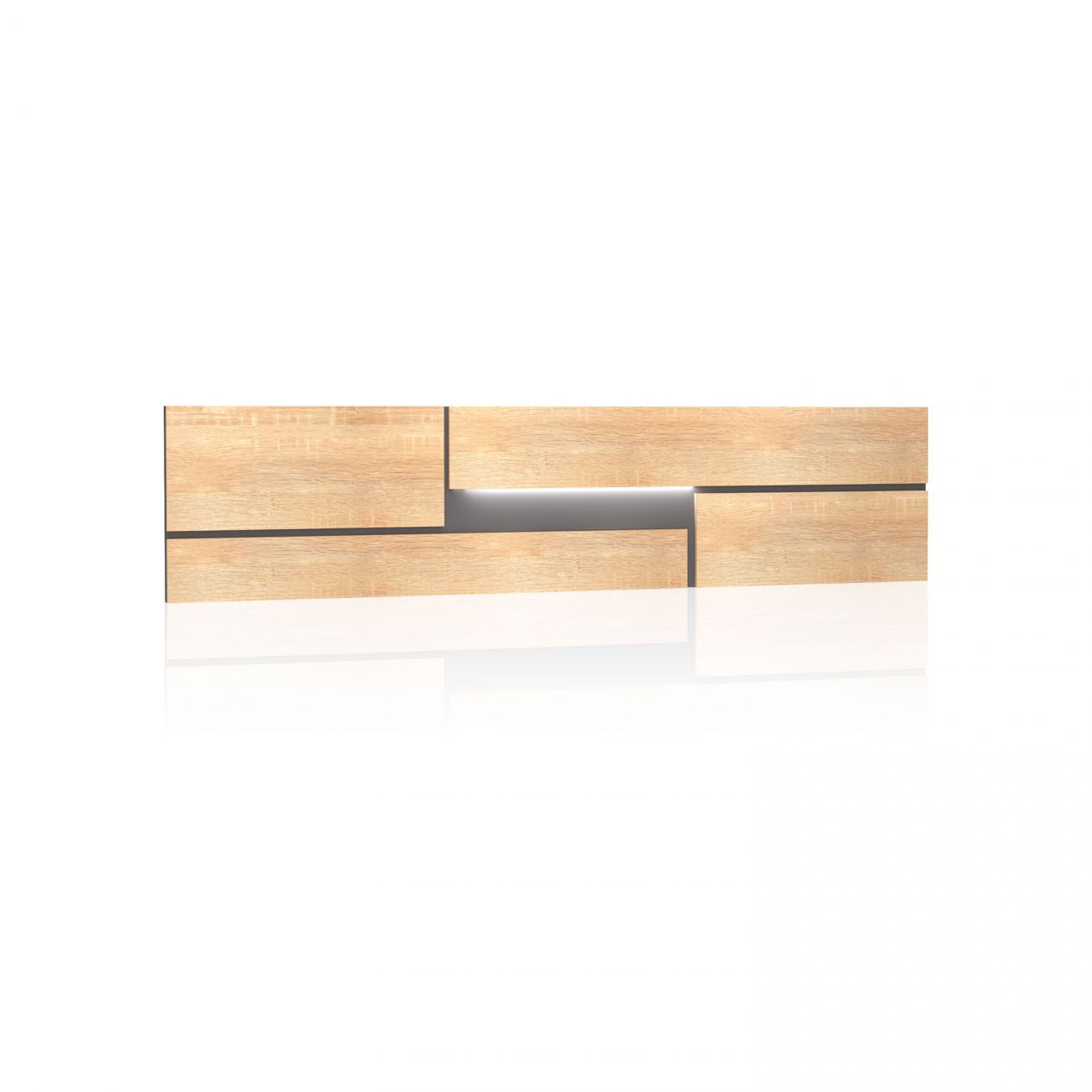 Revestimiento de madera con líneas oscuras e iluminación integrada.