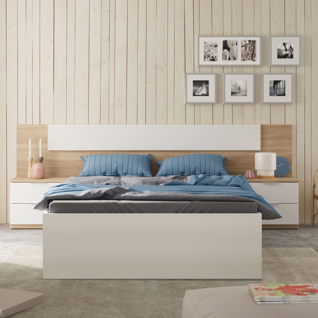 Dormitorio moderno con cama blanca, cojines azules y pared de madera.