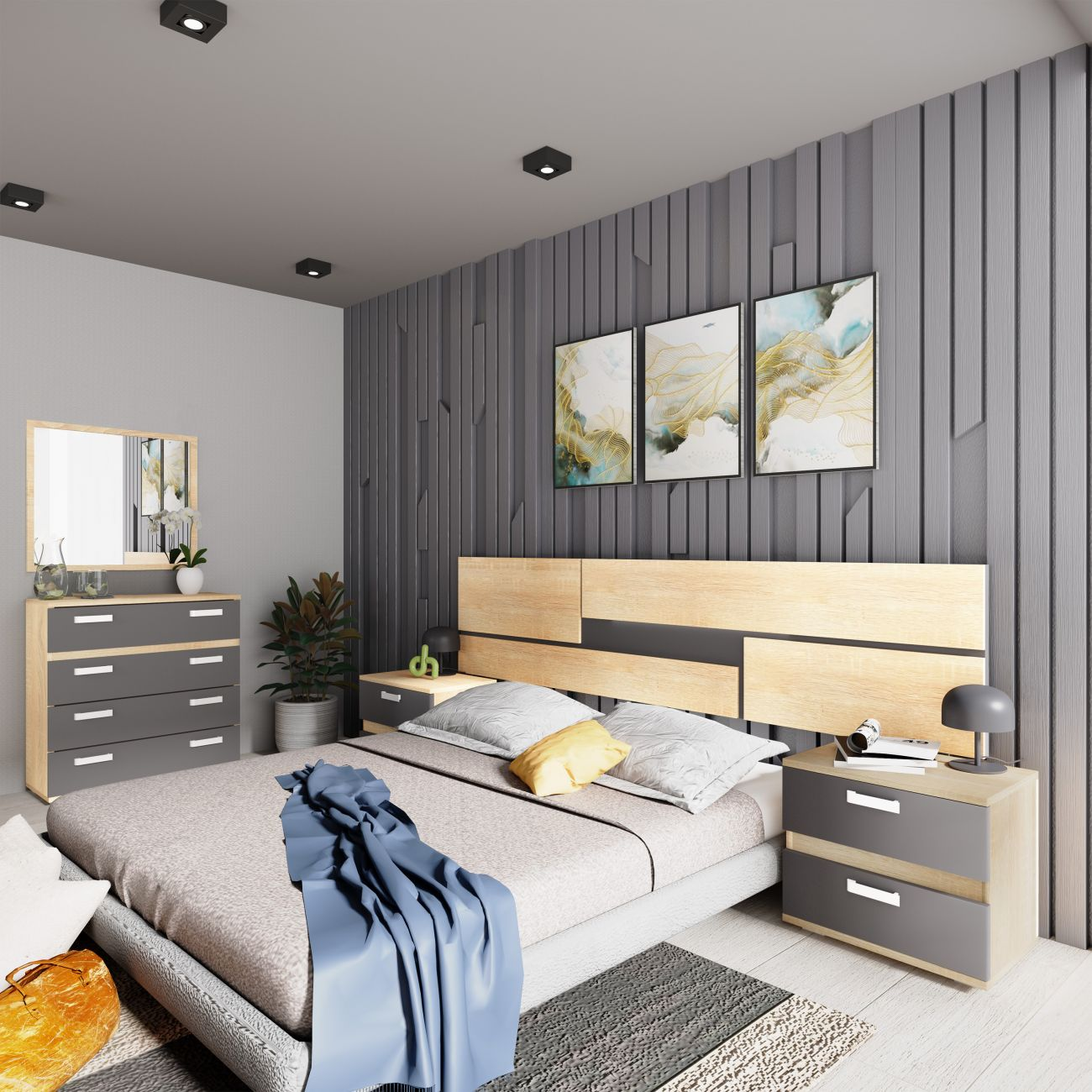 Dormitorio moderno con cama doble, mesitas de noche, cómoda y espejo.