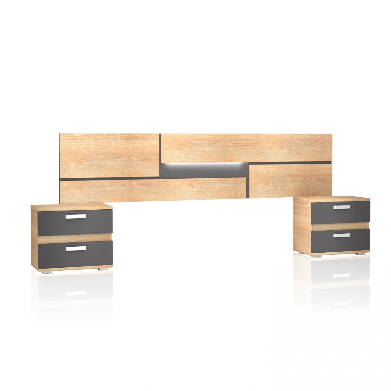 Cabecero de madera con luz integrada y dos mesitas de noche grises y madera.