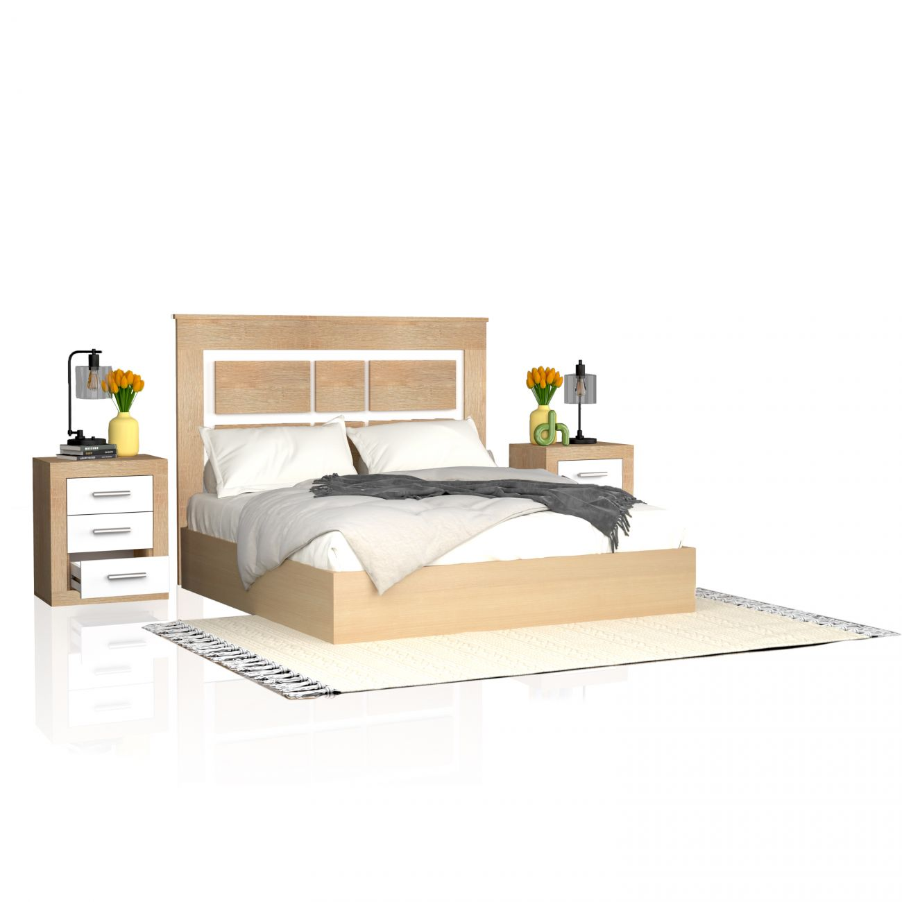 Cama de madera con almohadas blancas, mesitas de noche, lámparas y tulipanes amarillos.
