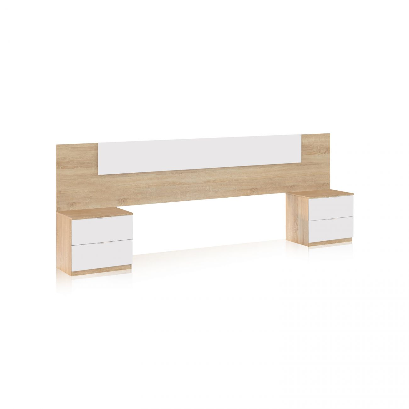 Cabecero de madera con mesitas de noche blancas y cajones.