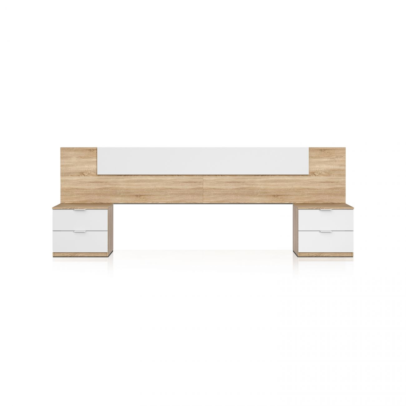 Un cabecero efecto madera con mesitas de noche blancas.