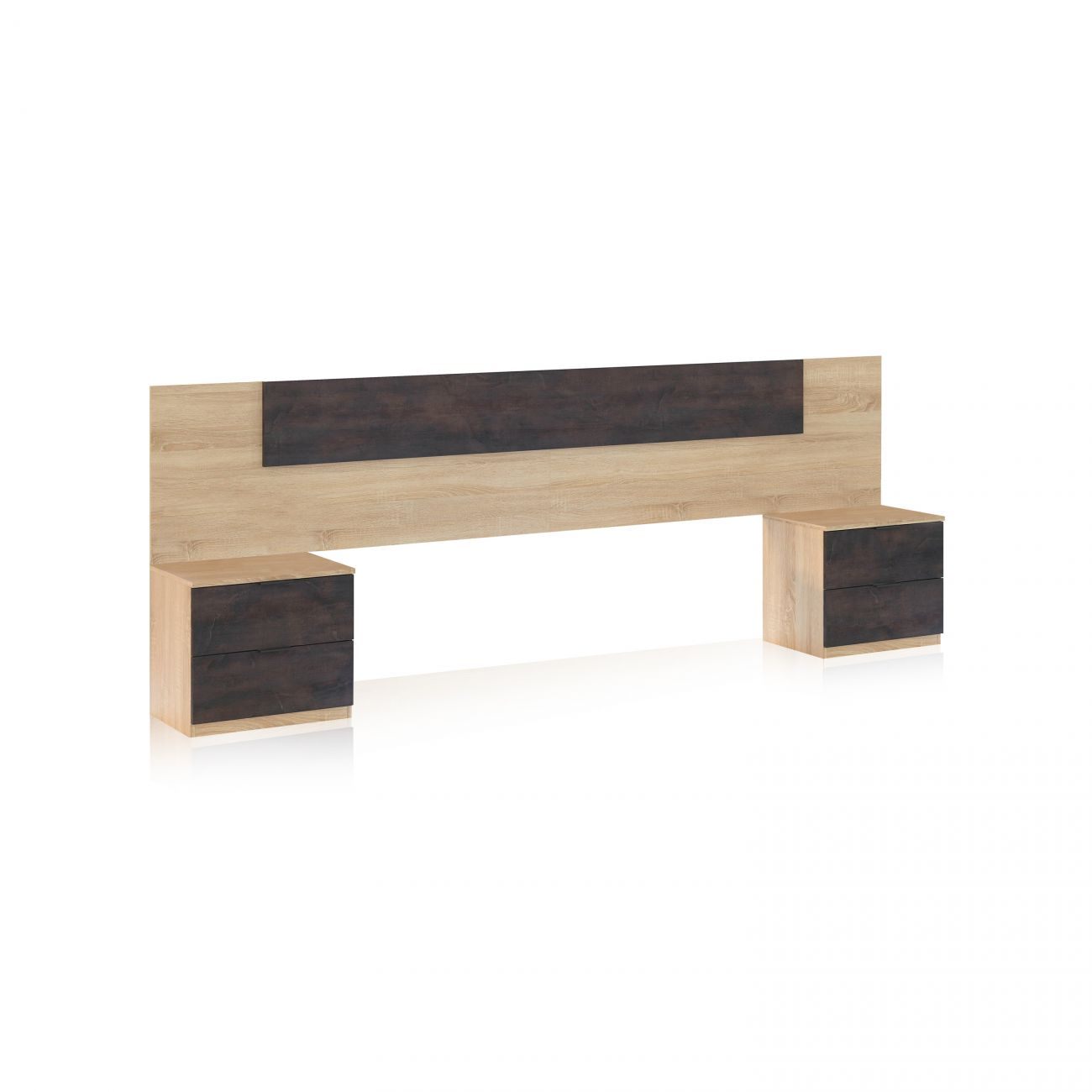 Cabecero de madera con dos mesitas de noche. Cajones oscuros.