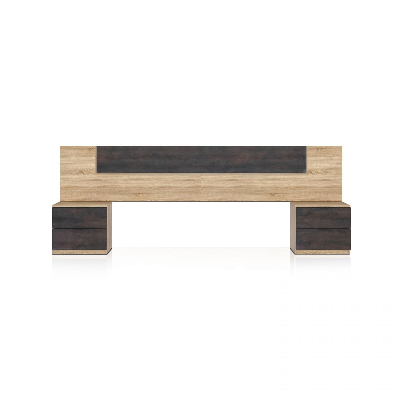 Cabecero de madera con dos mesitas de noche. Cajones frontales gris oscuro.