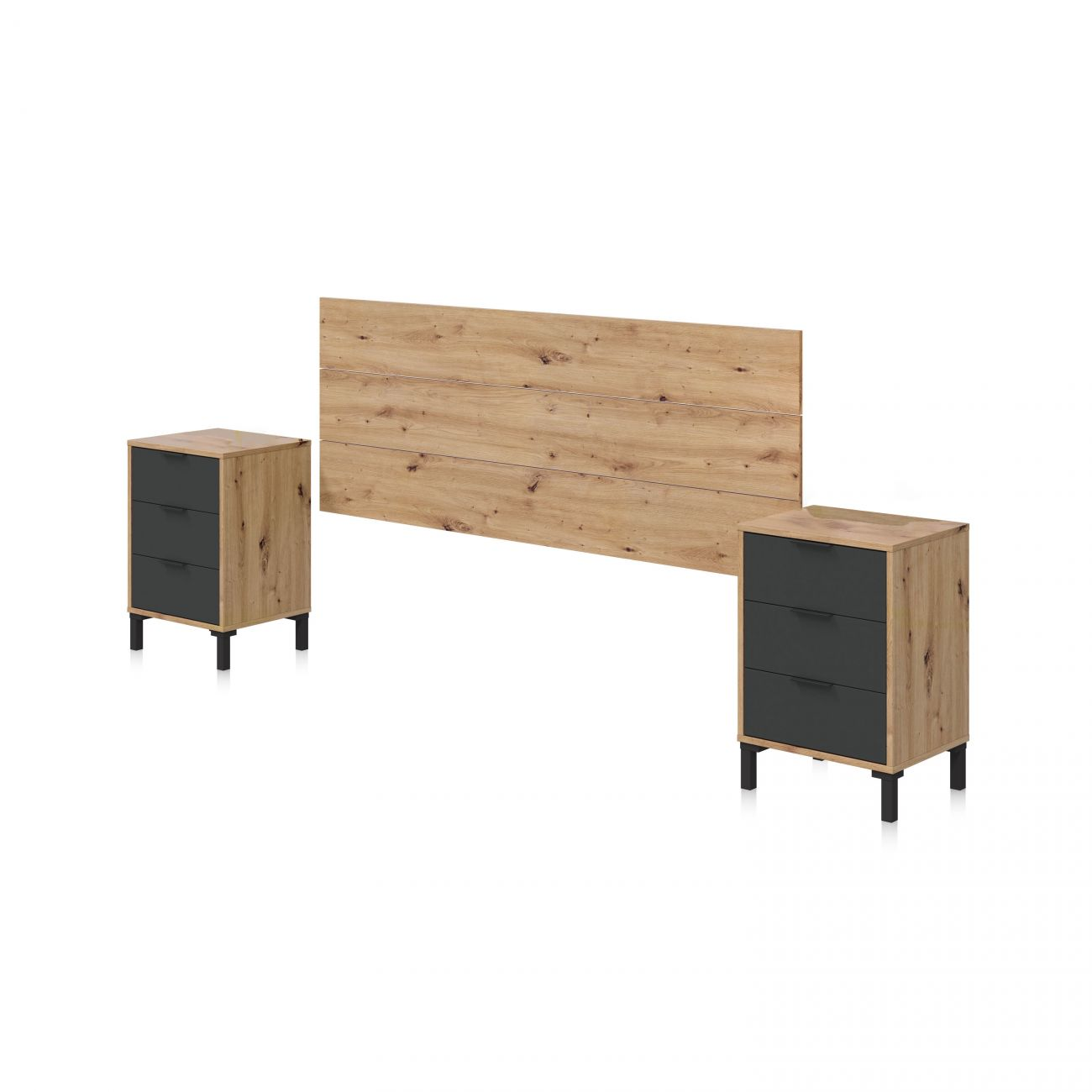 Respaldo de madera con dos mesitas de noche. Cajones oscuros.