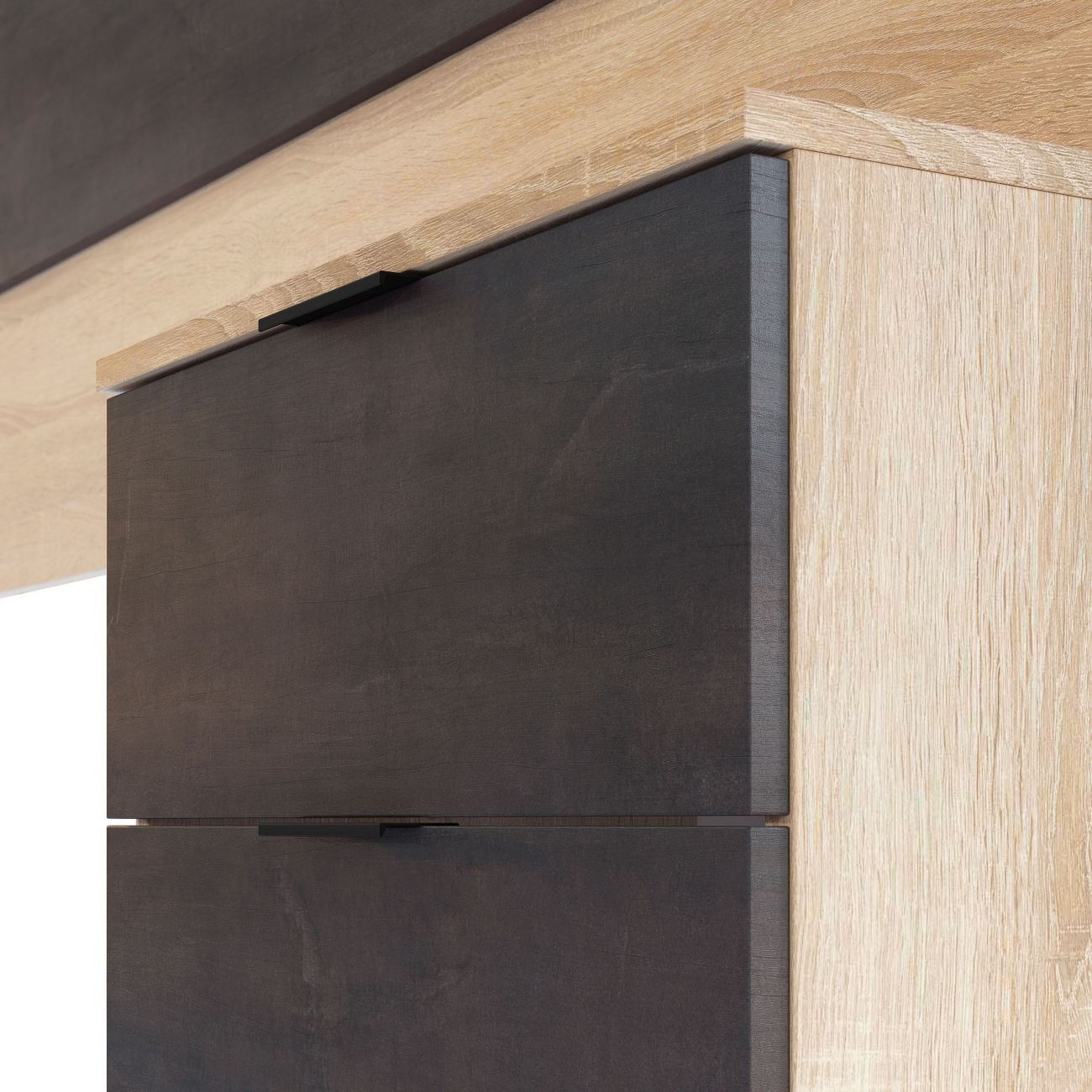 Cajones oscuros modernos con tiradores de madera y detalles en madera clara.